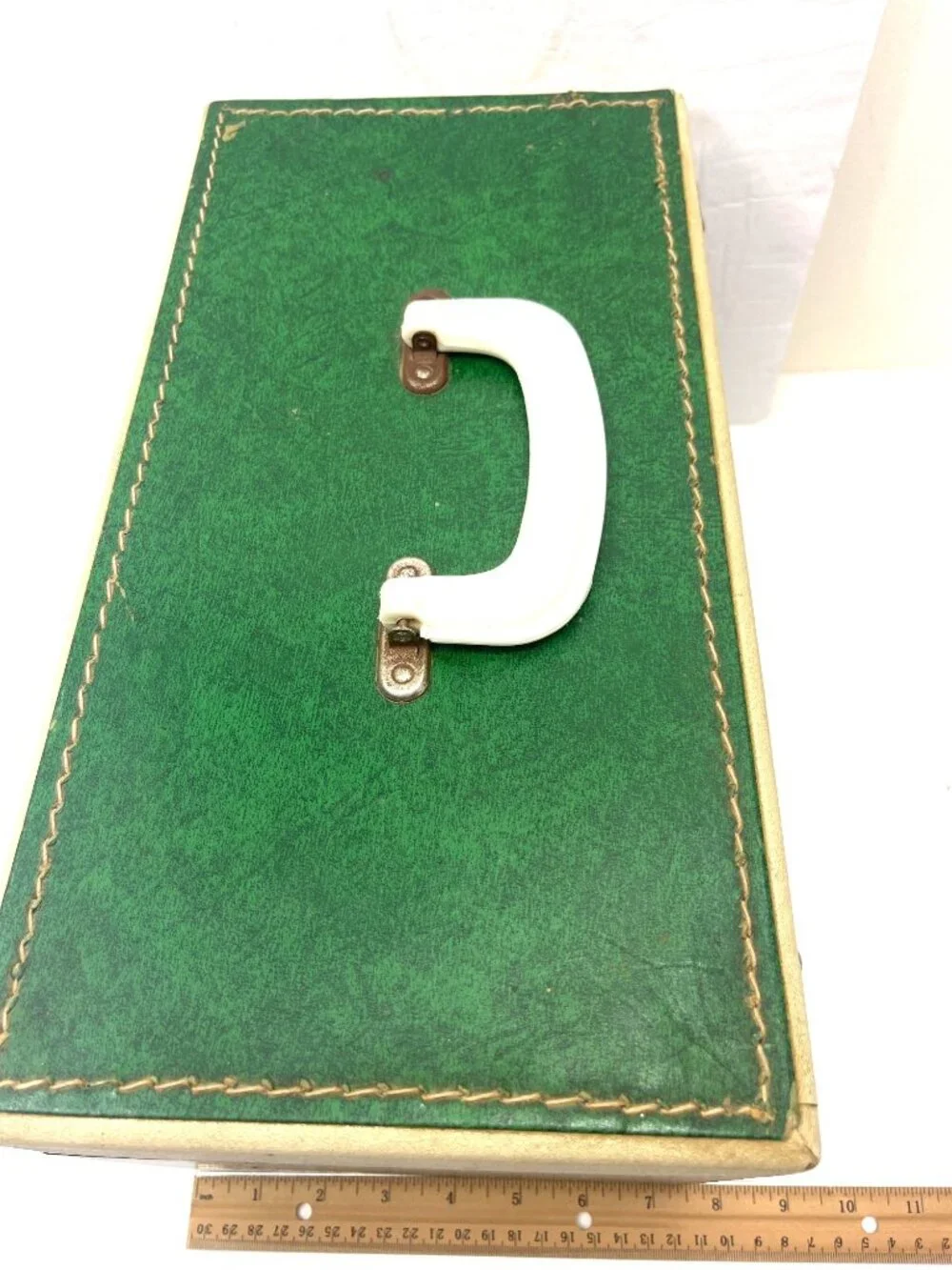 Vintage Green/Cream Storage Box W/Red Interior Handle & Locking Clasp 15